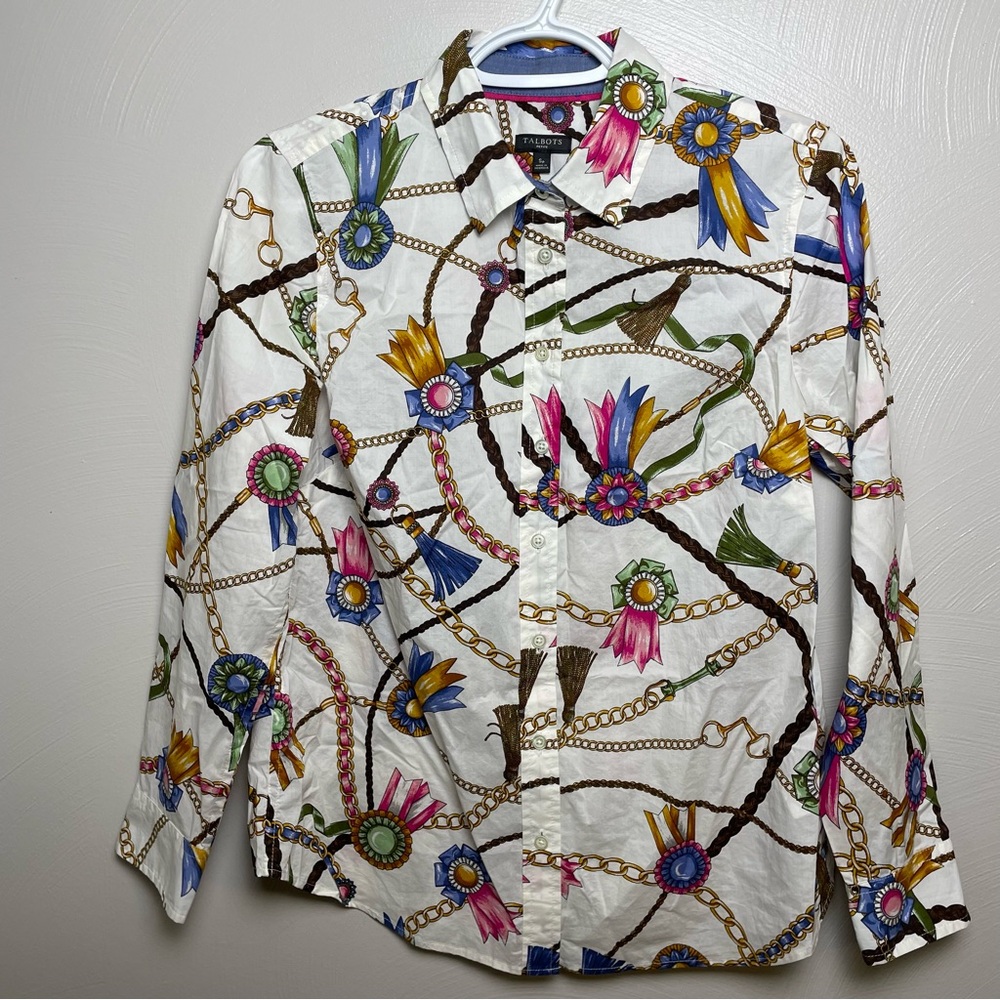 Talbots Equestrian Patterned Long Sleeve Button Down Blouse Size Small Petite